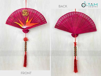 Quạt đỏ hoa Thiên Điểu treo trang trí Tết [Đa dạng chữ - Quạt gỗ] QUAT-08